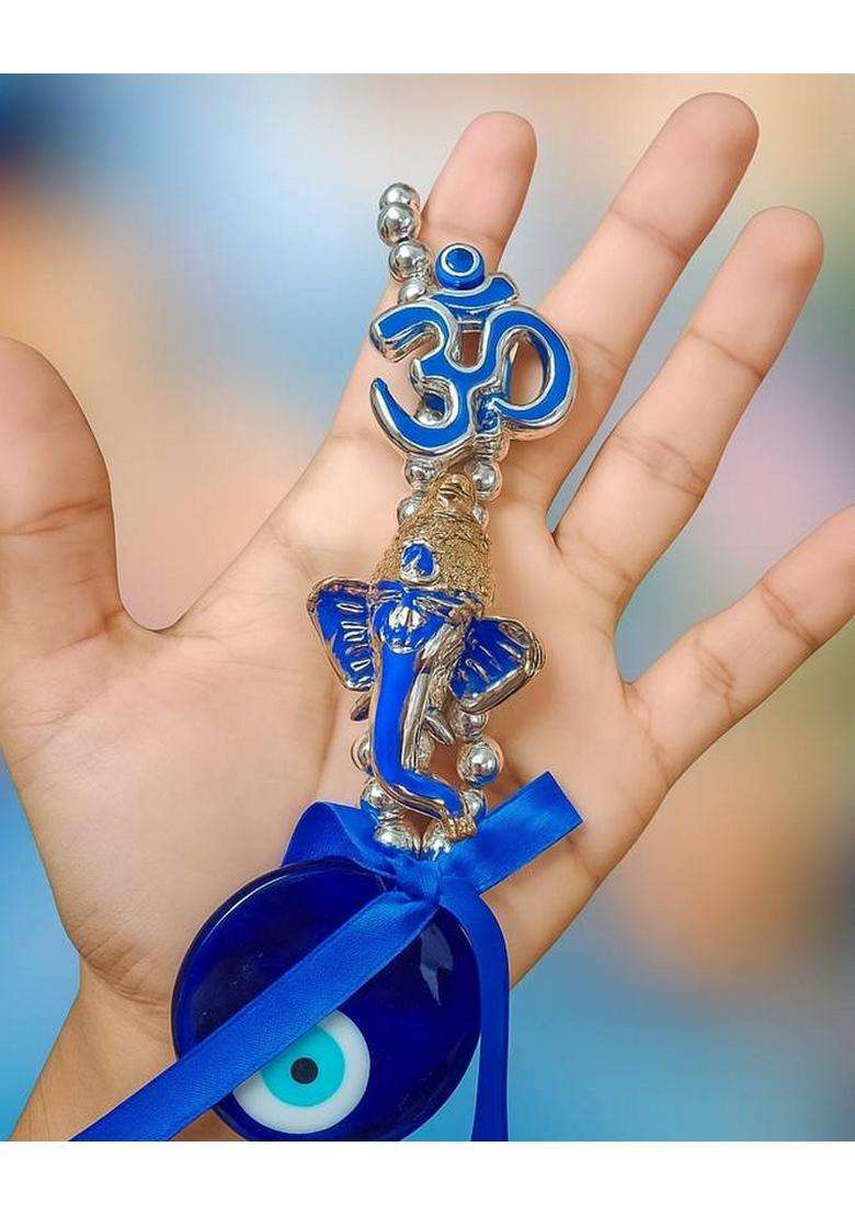 Sculpmart Evil Eye Hanging With Om & Ganesh Design For Home Entrance & Pooja Room Decor Decorative Showpiece - 17 Cm(Metal Blue) - Indya
