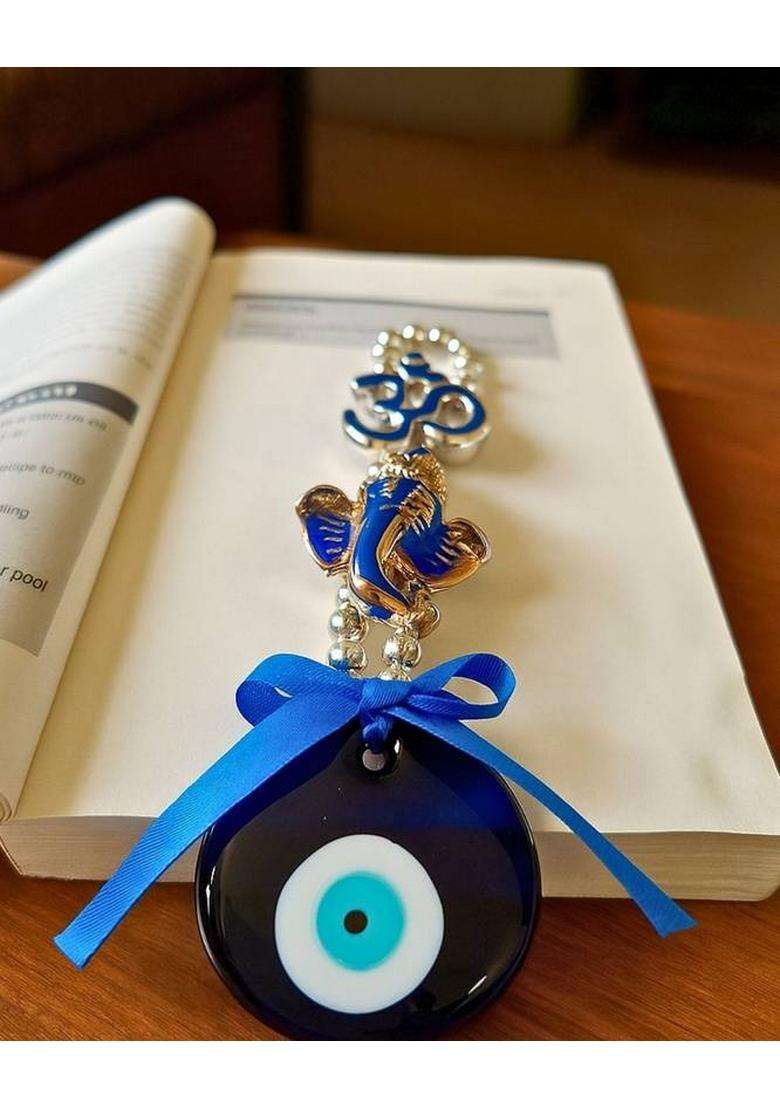 Sculpmart Evil Eye Hanging With Om & Ganesh Design For Home Entrance & Pooja Room Decor Decorative Showpiece - 17 Cm(Metal Blue) - Indya