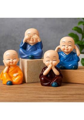 Cw Set Of 4 Monk Buddha Home Office & Car Decor Resin Idol Set Decorative Showpiece - 10 Cm(Polyresin Multicolor)