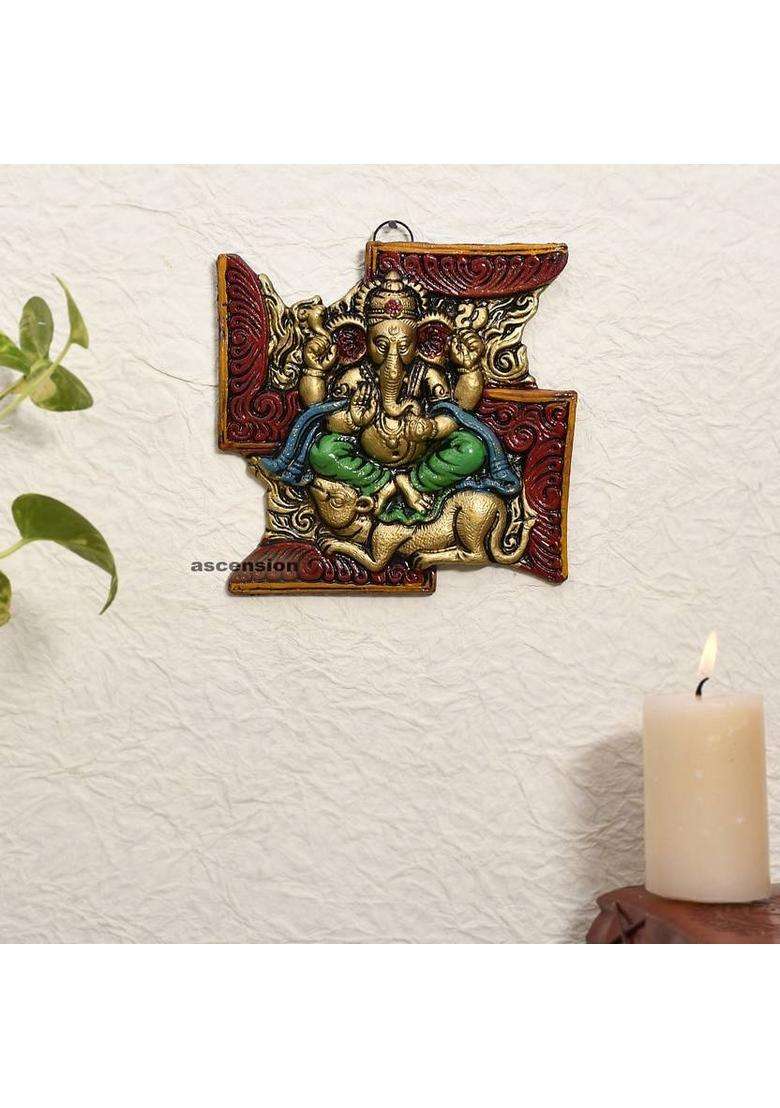 Ascension Swastik Idol Statue Wall Hanging Ganesh Home Decor Showpiece Gift Wall Art Decor Decorative Showpiece - 15 Cm(Metal Multicolor) - Indya