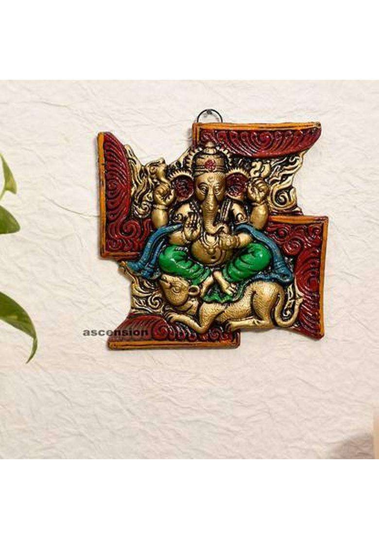 Ascension Swastik Idol Statue Wall Hanging Ganesh Home Decor Showpiece Gift Wall Art Decor Decorative Showpiece - 15 Cm(Metal Multicolor) - Indya