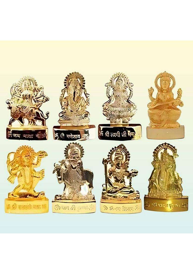 Sanskaari Ganesh Laxmi Idol Durga Devi Idol Krishna Ji Idol With Cow...Etc (8 Bhagwan) Decorative Showpiece - 7 Cm(Metal Gold) - Indya
