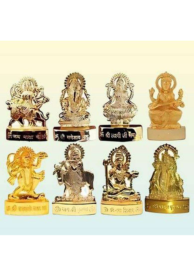 Sanskaari Ganesh Laxmi Idol Durga Devi Idol Krishna Ji Idol With Cow...Etc (8 Bhagwan) Decorative Showpiece - 7 Cm(Metal Gold) - Indya