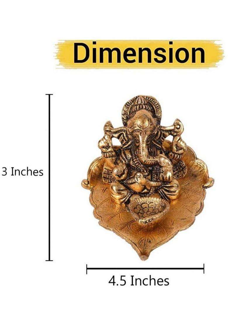 Sp Handicrafts Leaf Ganesh With Diya Lord Ganesha Metal Hand Craved For Home Decorative Gift Puja Diwali Gift Decorative Showpiece - 9 Cm(Aluminium Gold) - Indya