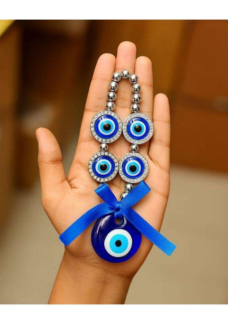 Sculpmart Evil Eye Hanging With 4 Silver Frame Eyes For Main Door Hanging & Protection Decorative Showpiece - 17 Cm(Metal Blue) - Indya