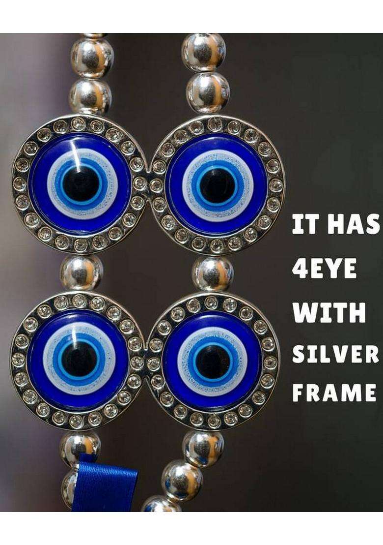 Sculpmart Evil Eye Hanging With 4 Silver Frame Eyes For Main Door Hanging & Protection Decorative Showpiece - 17 Cm(Metal Blue) - Indya