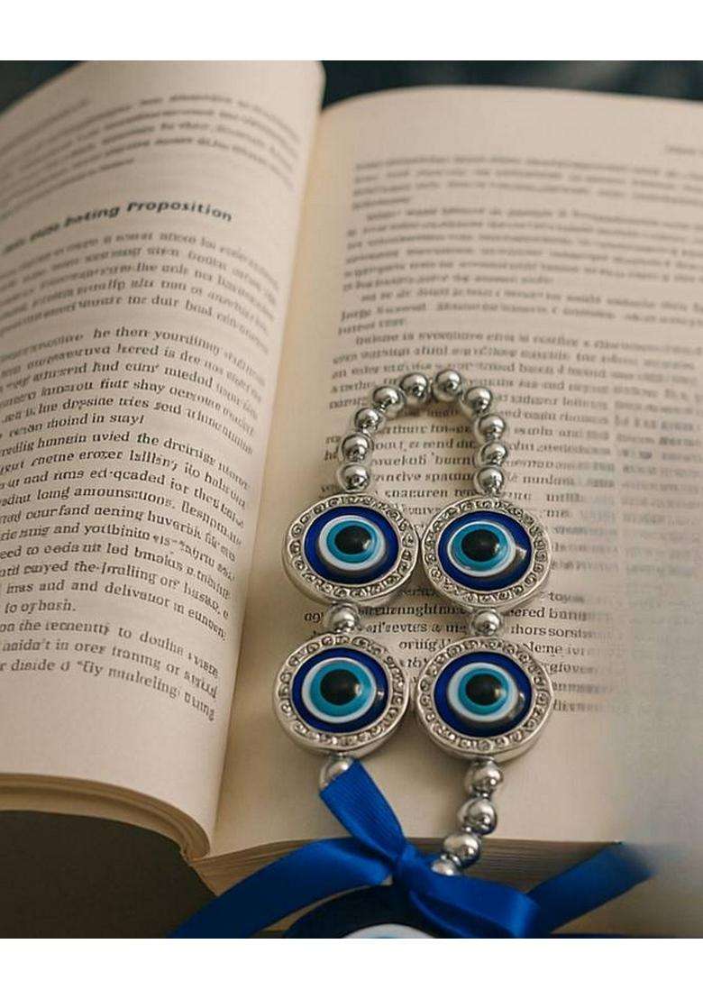 Sculpmart Evil Eye Hanging With 4 Silver Frame Eyes For Main Door Hanging & Protection Decorative Showpiece - 17 Cm(Metal Blue) - Indya