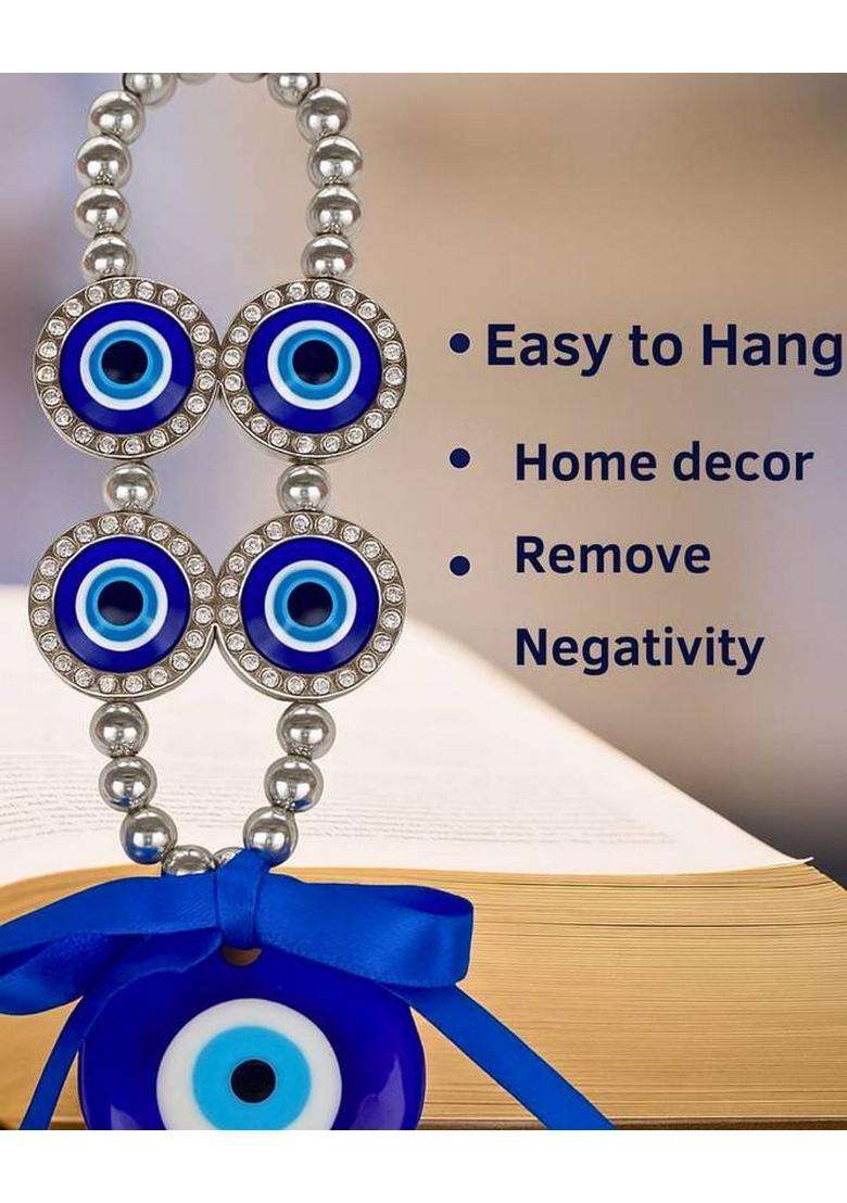 Sculpmart Evil Eye Hanging With 4 Silver Frame Eyes For Main Door Hanging & Protection Decorative Showpiece - 17 Cm(Metal Blue) - Indya