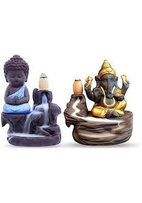 Pmr Enterprises Buddha Ganesha Combo Smoke Fountain Backflow Statue With 50 Back Flow Cones Decorative Showpiece - 12 Cm(Polyresin Gold Blue)