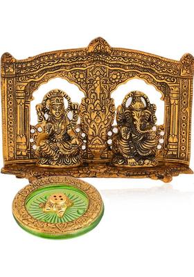 Etsi Bitsi Golden Lakshmi Ganesh Idol With Green Tortoise Incense Holder Decorative Showpiece - 15 Cm(Metal Gold)