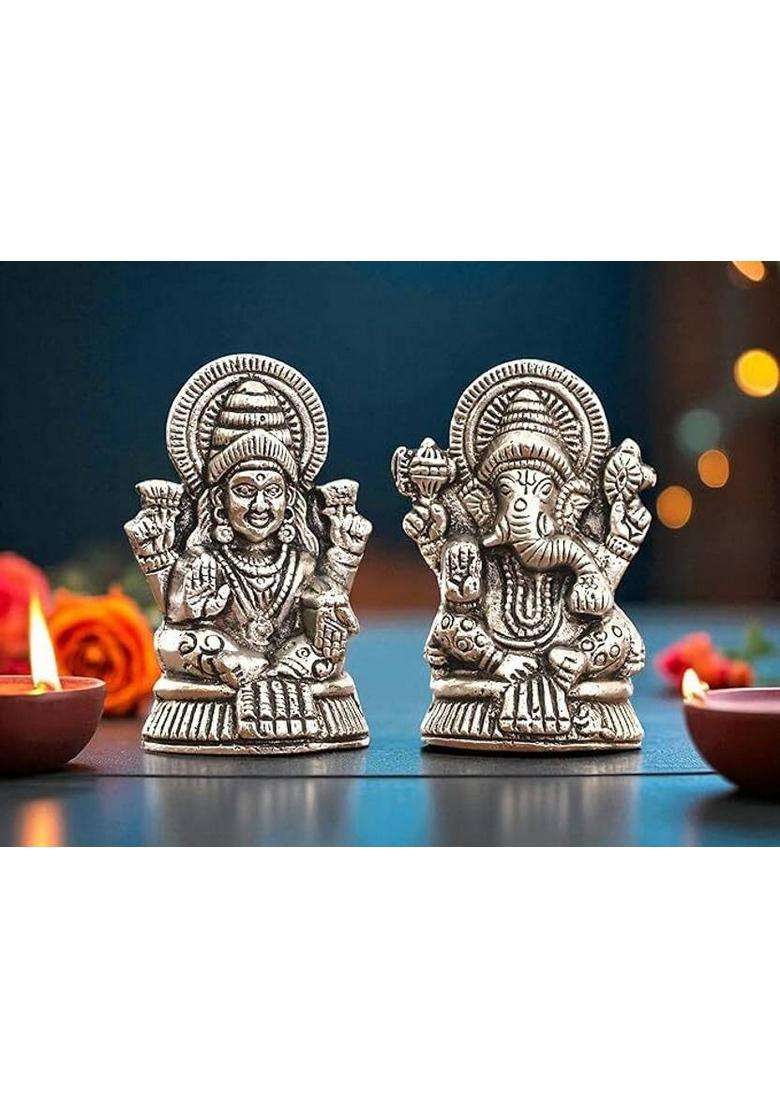 Kridaykraft Laxmi Ganesh Silver Finish Metal Idol Set 7.5 Cm Decorative Showpiece - 7.5 Cm(Aluminium Silver) - Indya