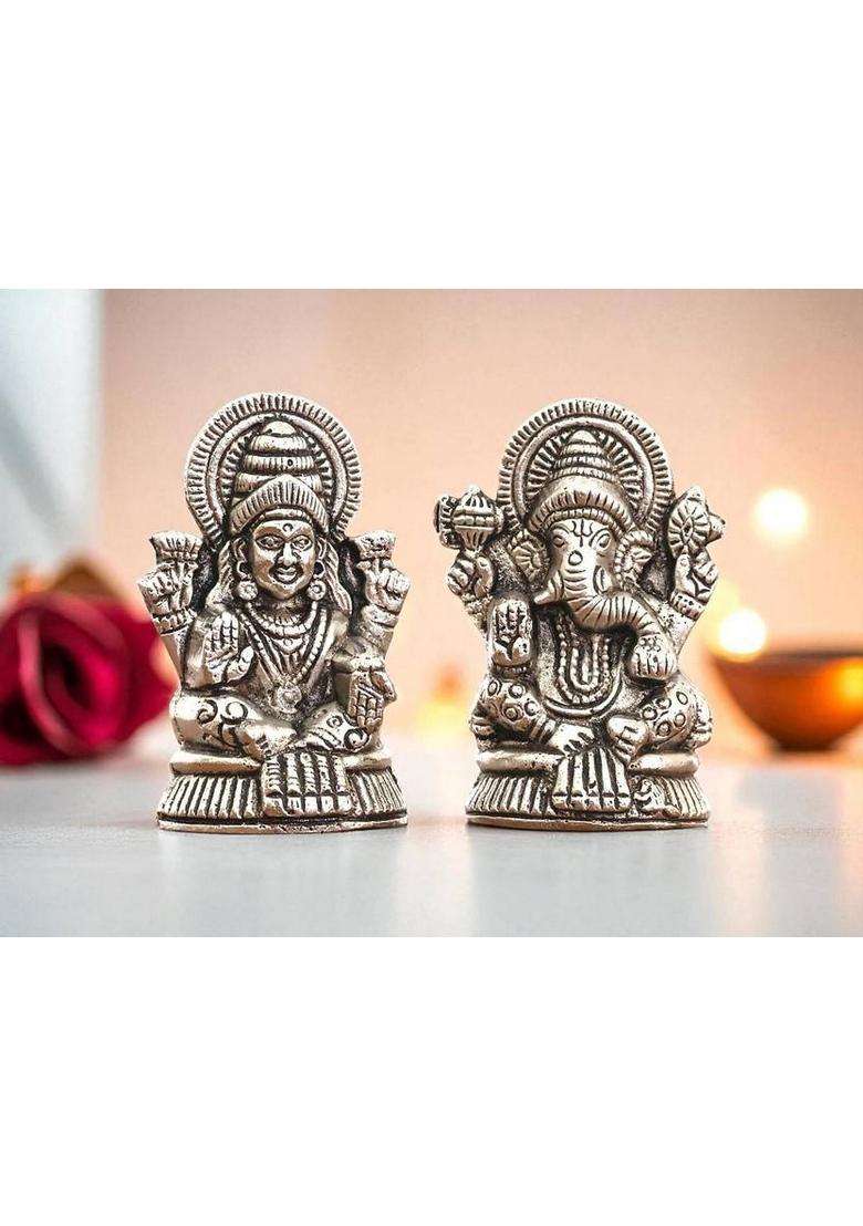Kridaykraft Laxmi Ganesh Silver Finish Metal Idol Set 7.5 Cm Decorative Showpiece - 7.5 Cm(Aluminium Silver) - Indya