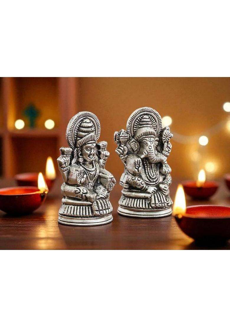 Kridaykraft Laxmi Ganesh Silver Finish Metal Idol Set 7.5 Cm Decorative Showpiece - 7.5 Cm(Aluminium Silver) - Indya