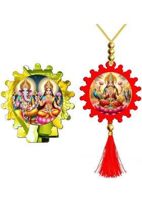 Sanbia Lakshmi Ganesh Golden Mirror Car Dashboard Idol & Lakshmi Red Car Hanging Decorative Showpiece - 20 Cm(Plastic Multicolor Gold)