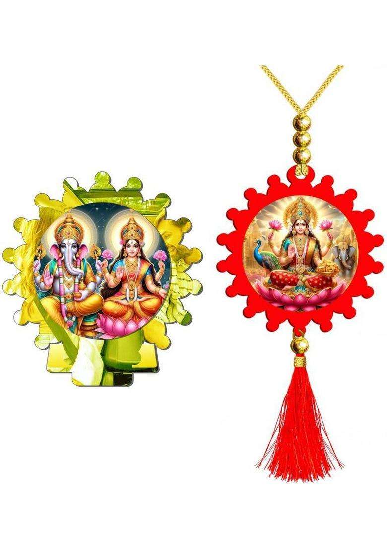 Sanbia Lakshmi Ganesh Golden Mirror Car Dashboard Idol & Lakshmi Red Car Hanging Decorative Showpiece - 20 Cm(Plastic Multicolor Gold) - Indya