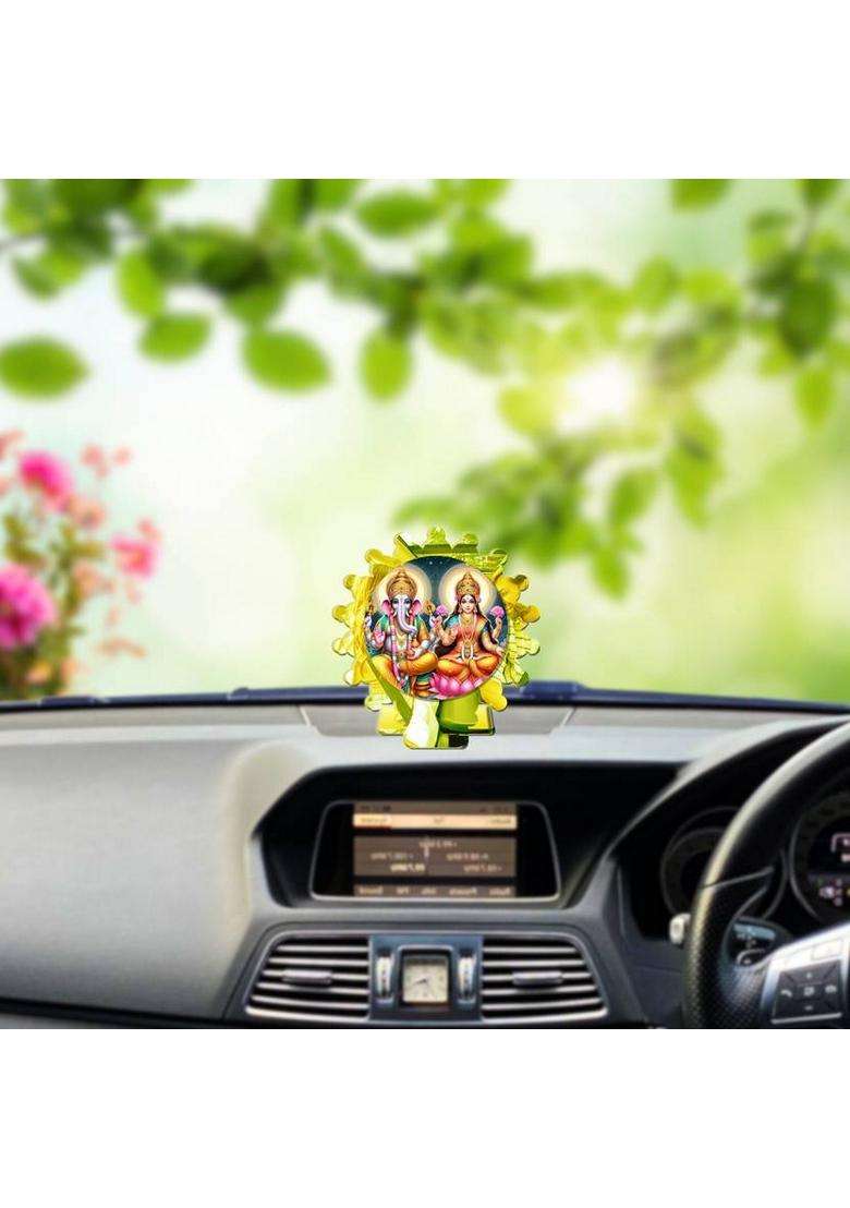 Sanbia Lakshmi Ganesh Golden Mirror Car Dashboard Idol & Lakshmi Red Car Hanging Decorative Showpiece - 20 Cm(Plastic Multicolor Gold) - Indya
