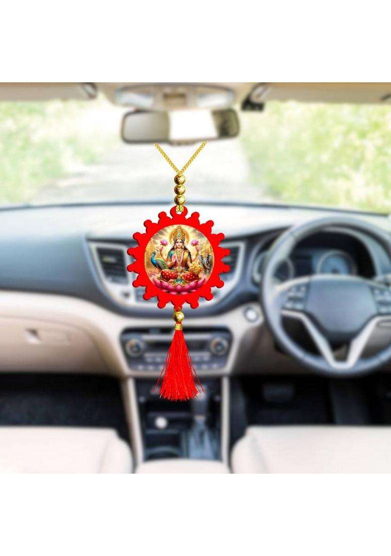 Sanbia Lakshmi Ganesh Golden Mirror Car Dashboard Idol & Lakshmi Red Car Hanging Decorative Showpiece - 20 Cm(Plastic Multicolor Gold) - Indya