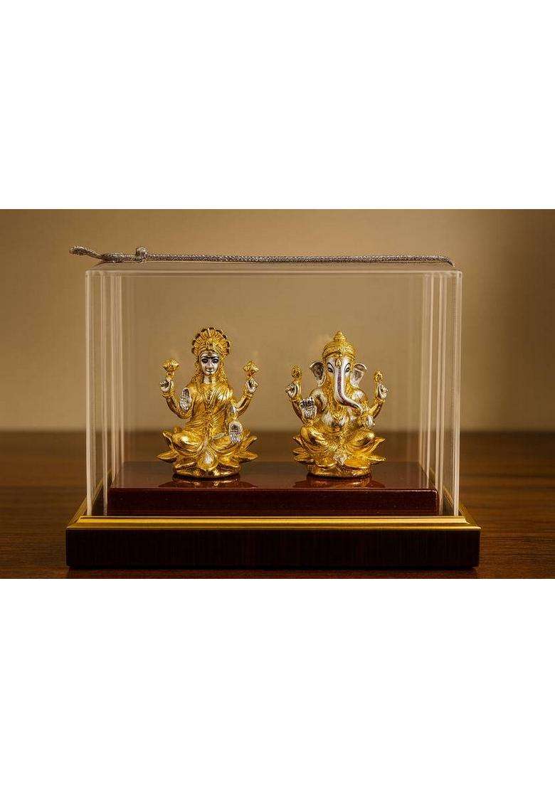 Altrona Pure Silver Lakshmi Ganesh Idol Golden Polish With Glass Gift Box For PoojaGift Decorative Showpiece - 14 Cm(Silver Multicolor) - Indya