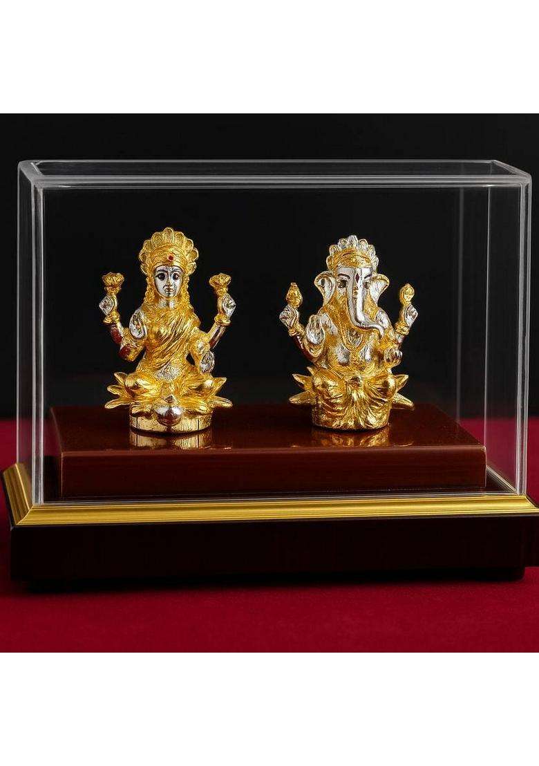 Altrona Pure Silver Lakshmi Ganesh Idol Golden Polish With Glass Gift Box For PoojaGift Decorative Showpiece - 14 Cm(Silver Multicolor) - Indya