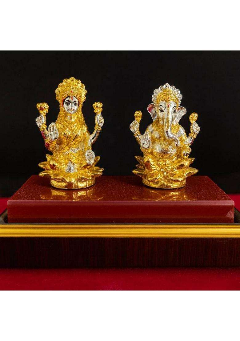 Altrona Pure Silver Lakshmi Ganesh Idol Golden Polish With Glass Gift Box For PoojaGift Decorative Showpiece - 14 Cm(Silver Multicolor) - Indya