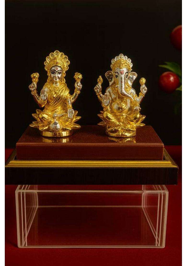 Altrona Pure Silver Lakshmi Ganesh Idol Golden Polish With Glass Gift Box For PoojaGift Decorative Showpiece - 14 Cm(Silver Multicolor) - Indya