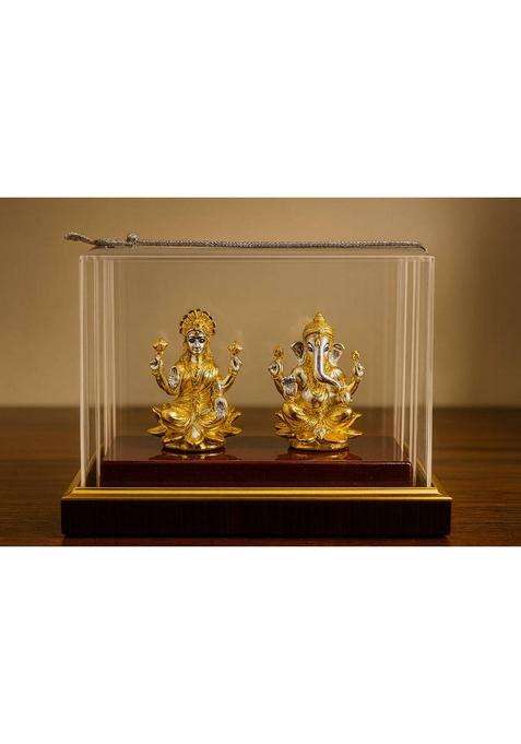 Altrona Pure Silver Lakshmi Ganesh Idol Golden Polish With Glass Gift Box For PoojaGift Decorative Showpiece - 14 Cm(Silver Multicolor)