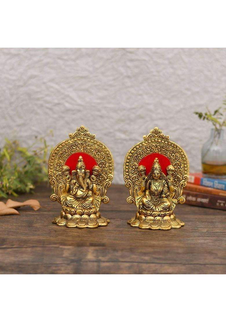 Craftam Antique Golden Finish Lakshmi Ganesh Murti Idol For Home Temple Pooja Room Decorative Showpiece - 15 Cm(Aluminium Gold) - Indya
