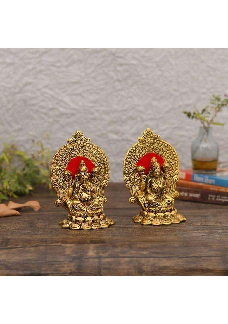 Craftam Antique Golden Finish Lakshmi Ganesh Murti Idol For Home Temple Pooja Room Decorative Showpiece - 15 Cm(Aluminium Gold) - Indya