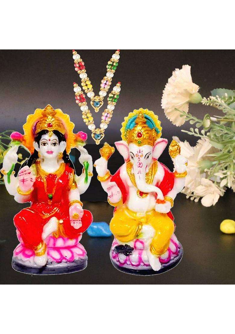Kitlyn Laxmi Ganesh Statue Diwali Pooja Necklace For Lakshmi Ganesh Ji Decorative Showpiece - 12 Cm(Polyresin Multicolor) - Indya