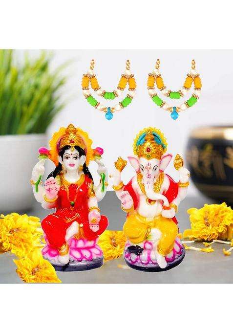 Kitlyn Polyresin Laxmi Ganesh Murti For Pooja Room Diwali Puja 2 Designer Maala Decorative Showpiece - 12 Cm(Polyresin Multicolor)