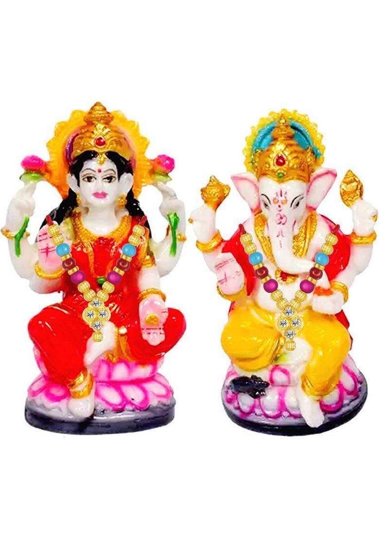 Kitlyn Maa Lakshmi With God Ganesh Resin Murti - Garland Of Lord Ganesha And Lakshmi Decorative Showpiece - 12 Cm(Resin Multicolor) - Indya