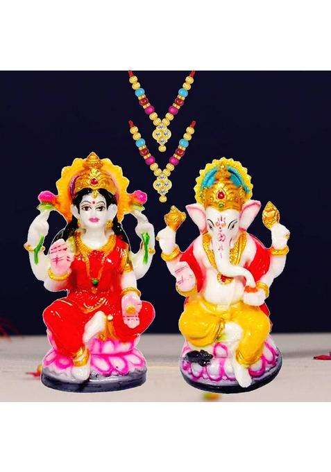 Kitlyn Maa Lakshmi With God Ganesh Resin Murti - Garland Of Lord Ganesha And Lakshmi Decorative Showpiece - 12 Cm(Resin Multicolor)