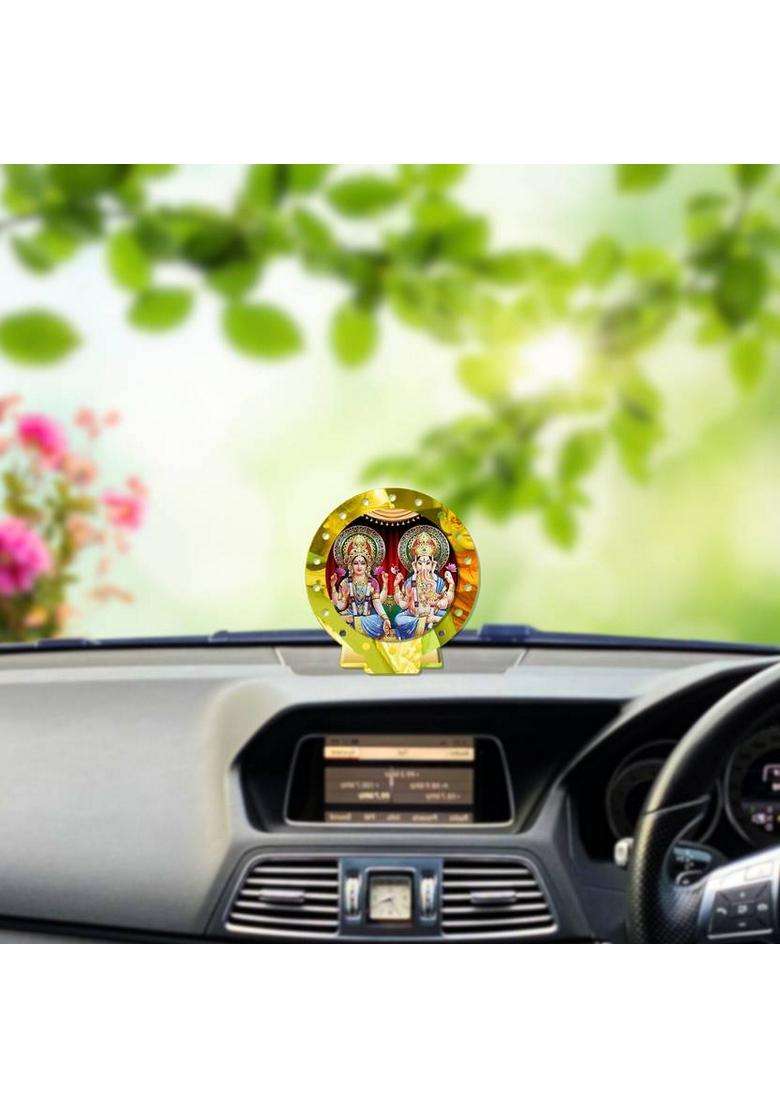 Sanbia Lakshmi Ganesh Ganapati Lakshmi Golden Mirror Shine Car Dashboard Idol Decorative Showpiece - 8 Cm(Plastic Multicolor Gold) - Indya