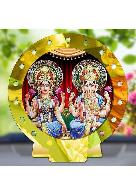 Sanbia Lakshmi Ganesh Ganapati Lakshmi Golden Mirror Shine Car Dashboard Idol Decorative Showpiece - 8 Cm(Plastic Multicolor Gold)