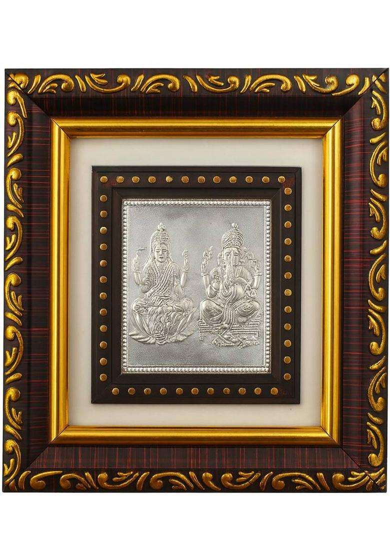 Altrona Pure Silver Lakshmi Ganesh Idol Frame With Designer Wooden Border(12 X 12 Cm) Decorative Showpiece - 12 Cm(Silver Multicolor) - Indya