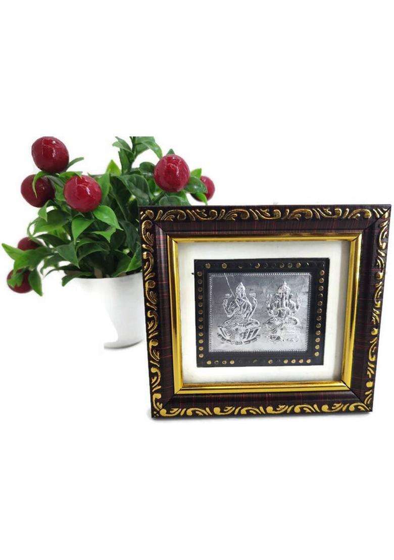 Altrona Pure Silver Lakshmi Ganesh Idol Frame With Designer Wooden Border(12 X 12 Cm) Decorative Showpiece - 12 Cm(Silver Multicolor) - Indya