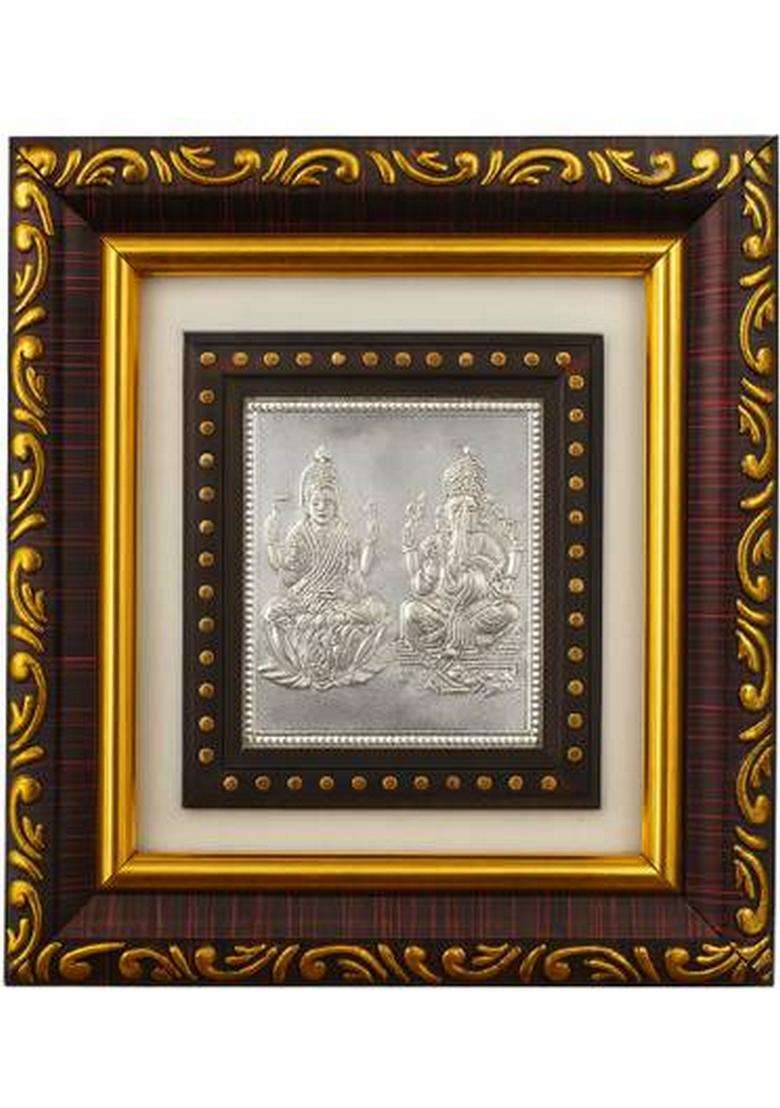 Altrona Pure Silver Lakshmi Ganesh Idol Frame With Designer Wooden Border(12 X 12 Cm) Decorative Showpiece - 12 Cm(Silver Multicolor) - Indya