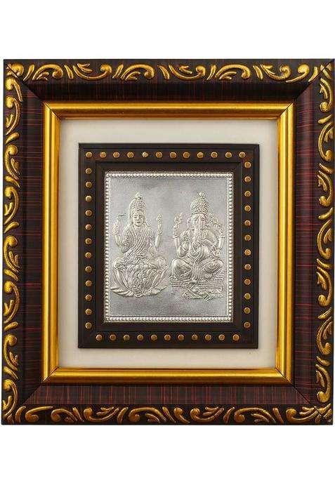 Altrona Pure Silver Lakshmi Ganesh Idol Frame With Designer Wooden Border(12 X 12 Cm) Decorative Showpiece - 12 Cm(Silver Multicolor)