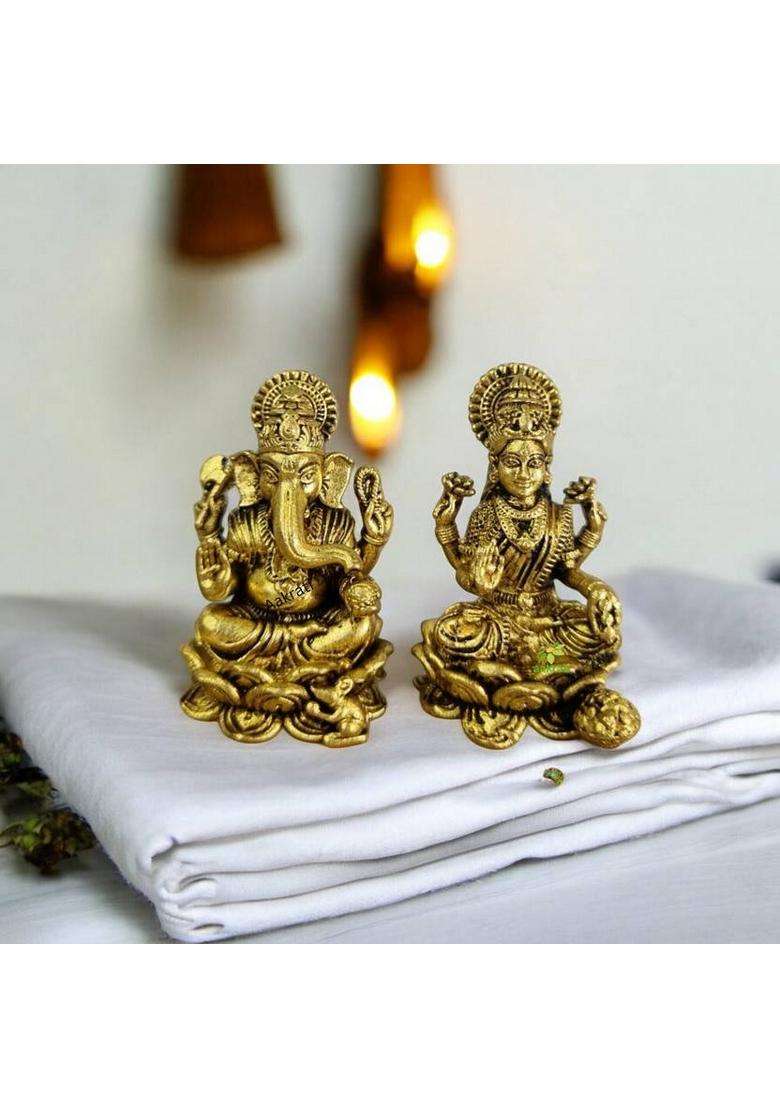 Aakrati Brass Lakshmi And Ganesh Pair Elegant Statues Of Brass Temple Decor Decorative Showpiece - 5.08 Cm(Brass Yellow) - Indya