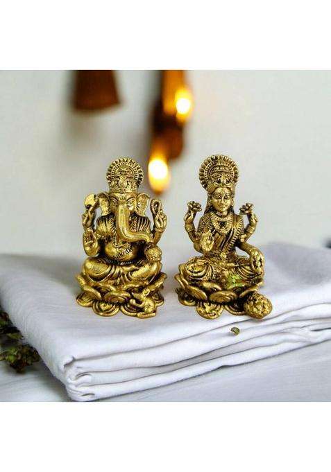 Aakrati Brass Lakshmi And Ganesh Pair Elegant Statues Of Brass Temple Decor Decorative Showpiece - 5.08 Cm(Brass Yellow)
