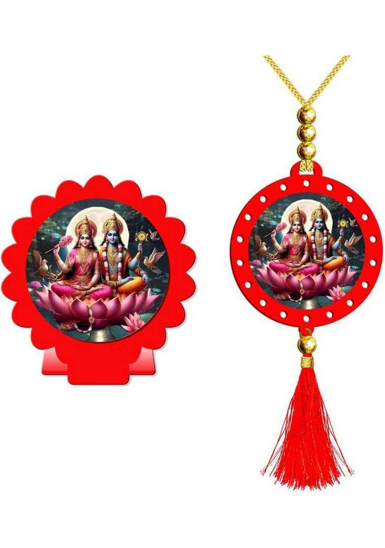 Sanbia Lakshmi Ganesh Ganapati Lakshmi Red Car Dashboard Idol & Car Hanging Decorative Showpiece - 8 Cm(Plastic Multicolor Red) - Indya