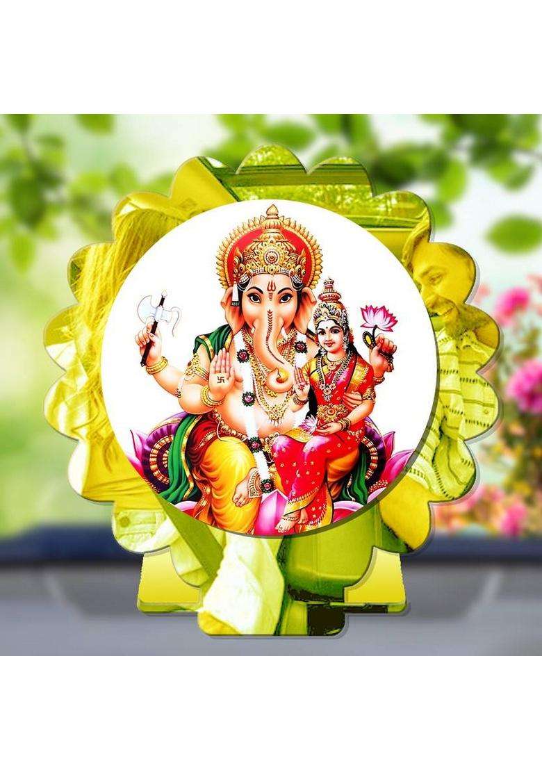 Sanbia Lakshmi Ganesh Ganapati Lakshmi Golden Mirror Shine Car Dashboard Idol Decorative Showpiece - 8 Cm(Plastic Multicolor Gold) - Indya
