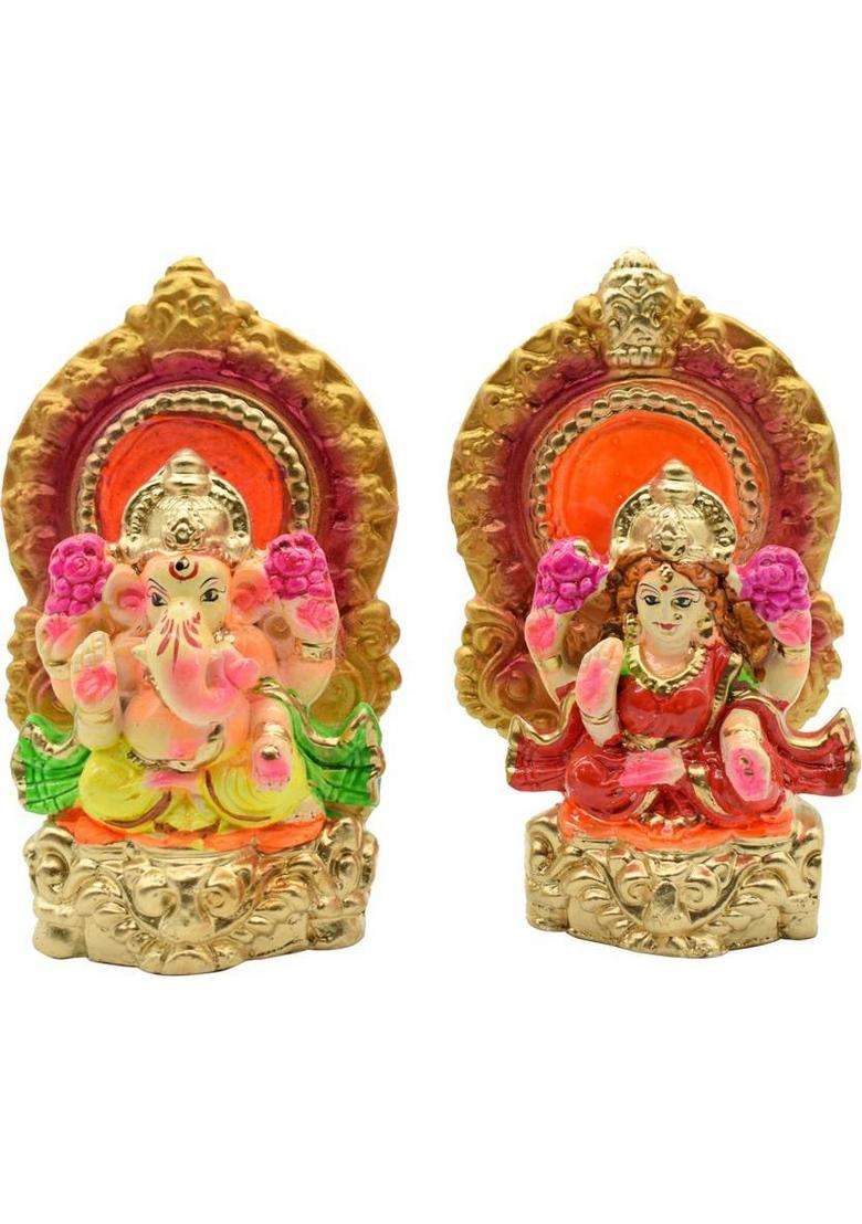 Dalvkot Lakshmi Ganesh Clay Murti For Diwali Puja Lakshmi Ganapati Idol Home Office Pooja Decorative Showpiece - 14 Cm(Polyresin Multicolor) - Indya