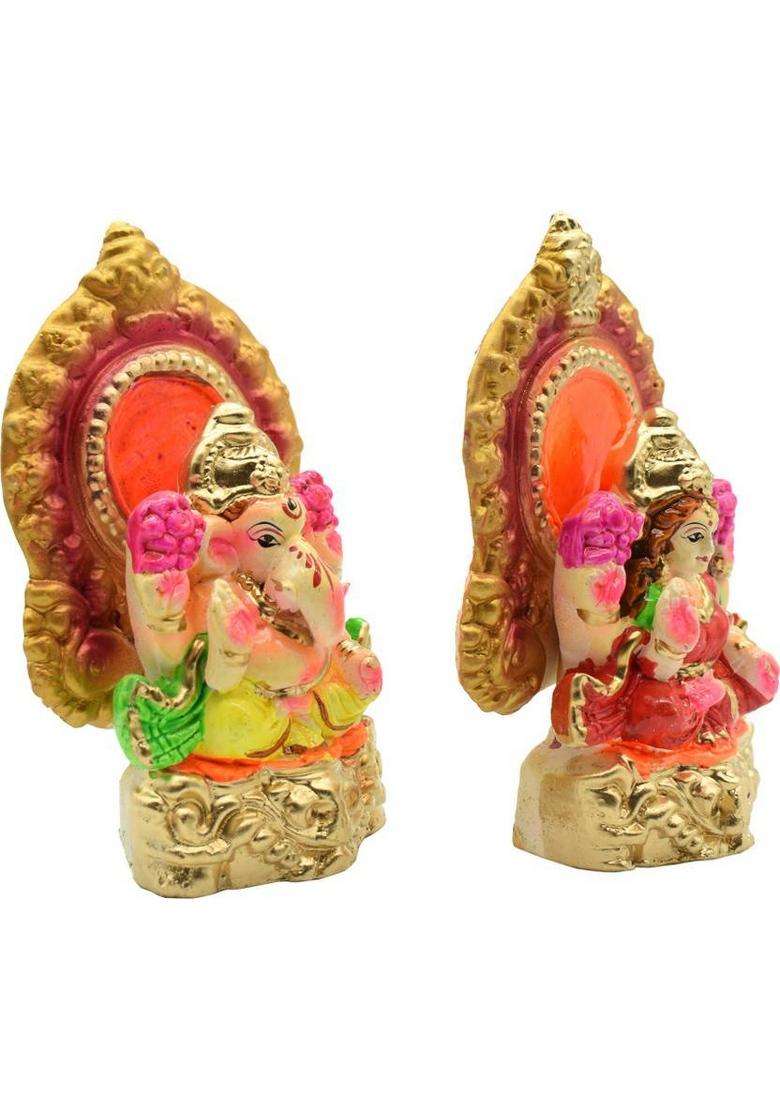Dalvkot Lakshmi Ganesh Clay Murti For Diwali Puja Lakshmi Ganapati Idol Home Office Pooja Decorative Showpiece - 14 Cm(Polyresin Multicolor) - Indya