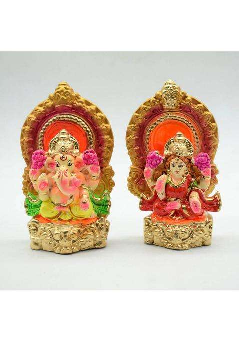 Dalvkot Lakshmi Ganesh Clay Murti For Diwali Puja Lakshmi Ganapati Idol Home Office Pooja Decorative Showpiece - 14 Cm(Polyresin Multicolor)