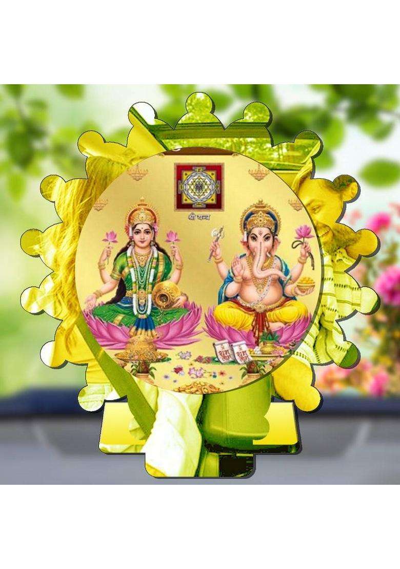 Sanbia Lakshmi Ganesh Ganapati Lakshmi Golden Mirror Shine Car Dashboard Idol Decorative Showpiece - 8 Cm(Plastic Multicolor Gold) - Indya