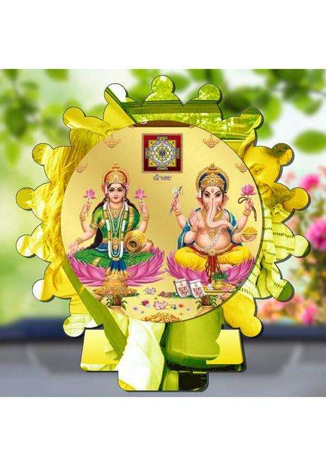 Sanbia Lakshmi Ganesh Ganapati Lakshmi Golden Mirror Shine Car Dashboard Idol Decorative Showpiece - 8 Cm(Plastic Multicolor Gold)