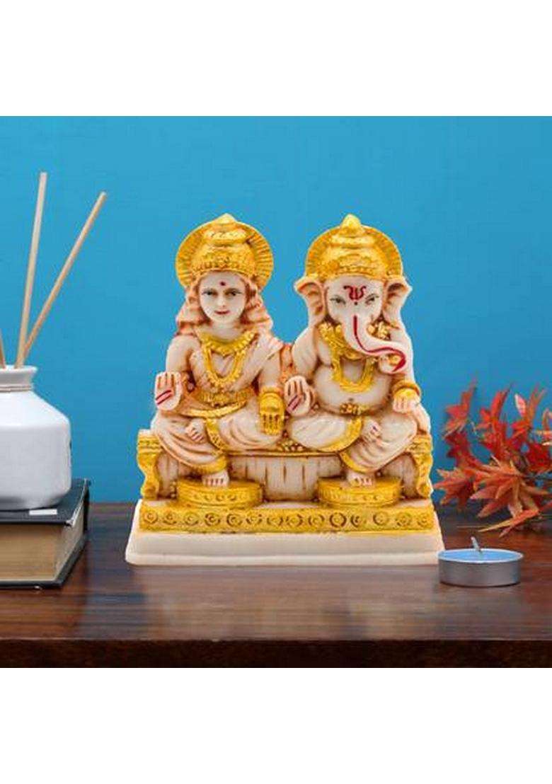 Kitlyn Marble Finish Ganesh Laxmi Idols Statue Murti Diwali Puja Spiritual Gift Idol Murti For Pooja/Home Decor/Gift Hindu God Lakshmi Ganesha Marble Figurine (12 Cm X 10 Cm) Decorative Showpiece - 12 Cm(Marble White Gold) - Indya