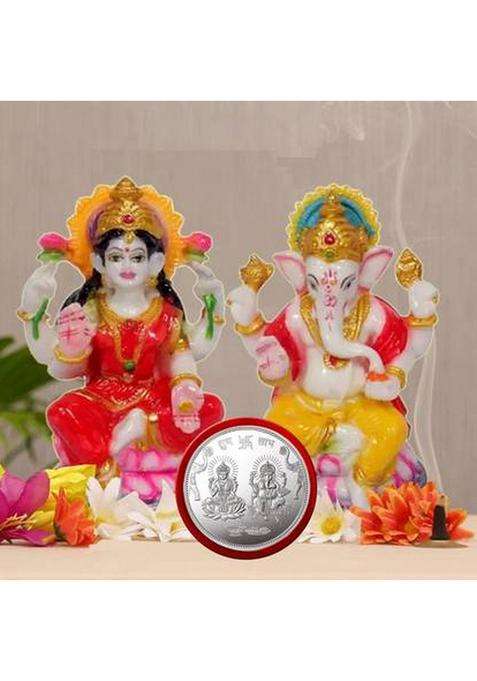 Kitlyn Laxmi Ganesh Murti Statue For Pooja Room Laxmi Ganesh Coin Diwali Puja Decorative Showpiece - 12 Cm(Polyresin Multicolor)