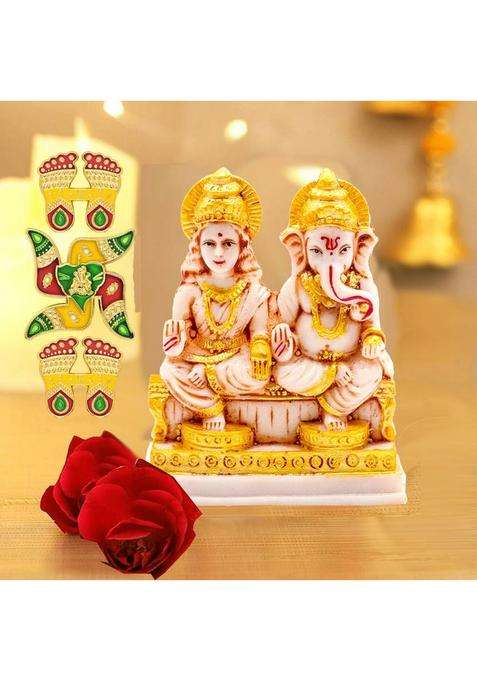 Noktus Laxmi Ganesh Idol For Puja Room Laxmi Ganesh Murti Laxmi Ganesh Ganpathy Decorative Showpiece - 12 Cm(Stone Gold)